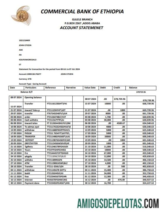ETHIOPIA COMMERCIAL BANK OF ETHIOPIA para impressão Modelo de extrato bancário, formato Word e PDF, versão 2